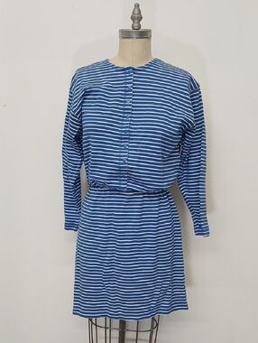 Vintage  FADS Blue and White Striped Long Sleeve Dress / Size M